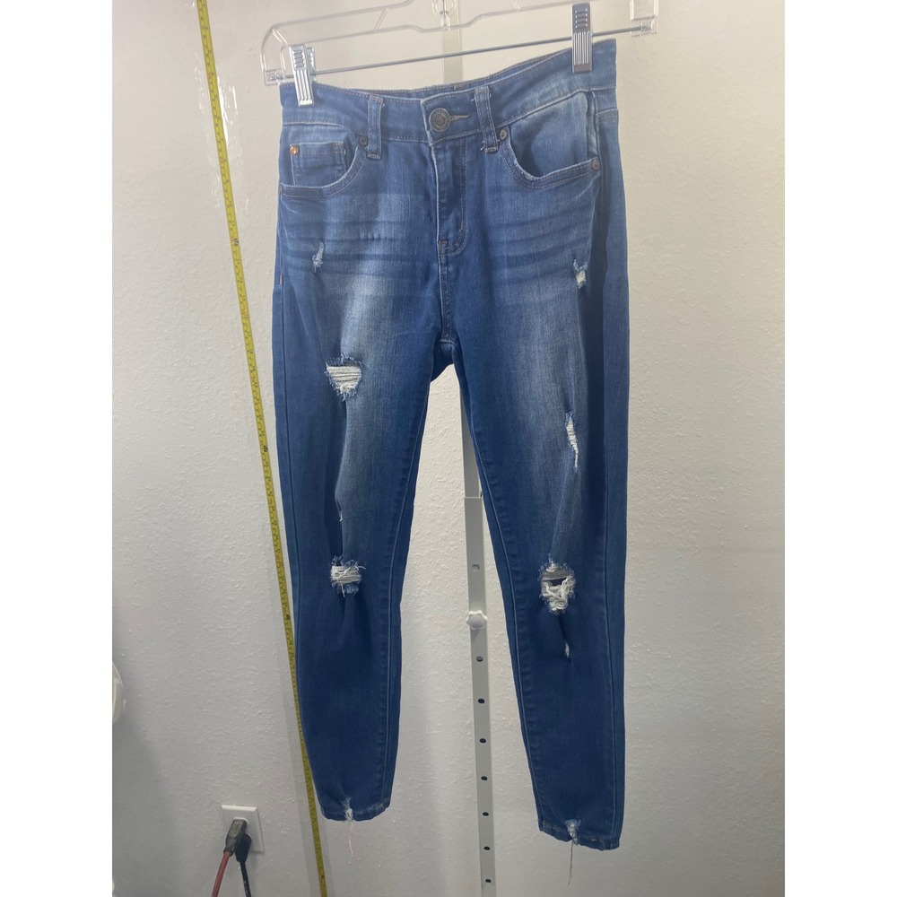 Enjean Denim Co‎ Distressed Skinny Jeans Medium Wash Ripped Frayed Hem Womens
